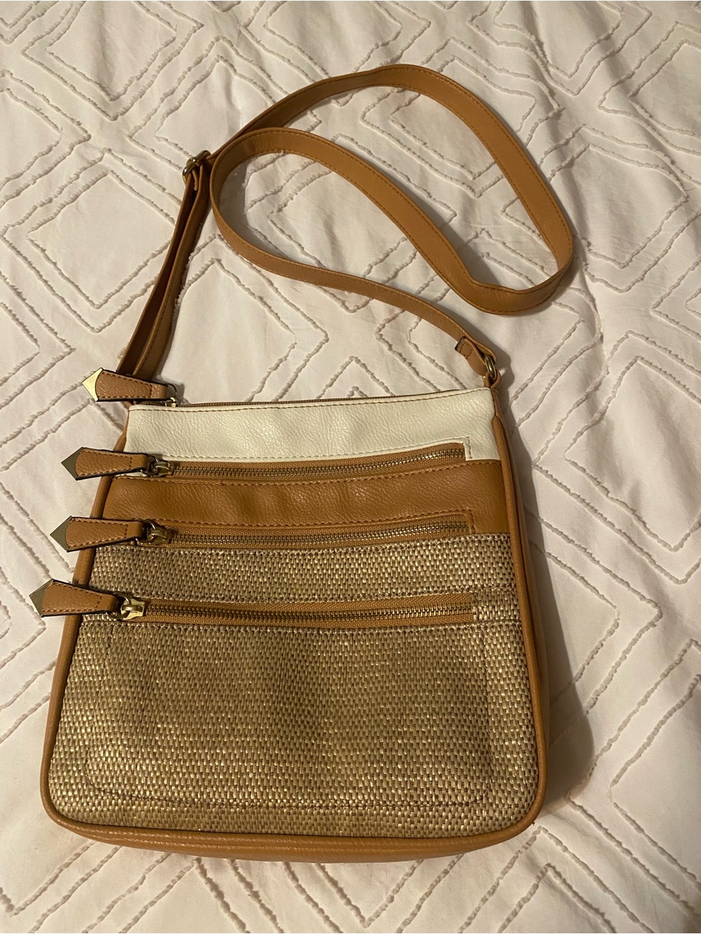 APT.9 Tan and Cream Crossbody Shoulder Bag with Woven Front